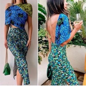 Zara Floral Asymmetrical Cut Out Blue Green Blogger Fave Viral Midi Dress XS